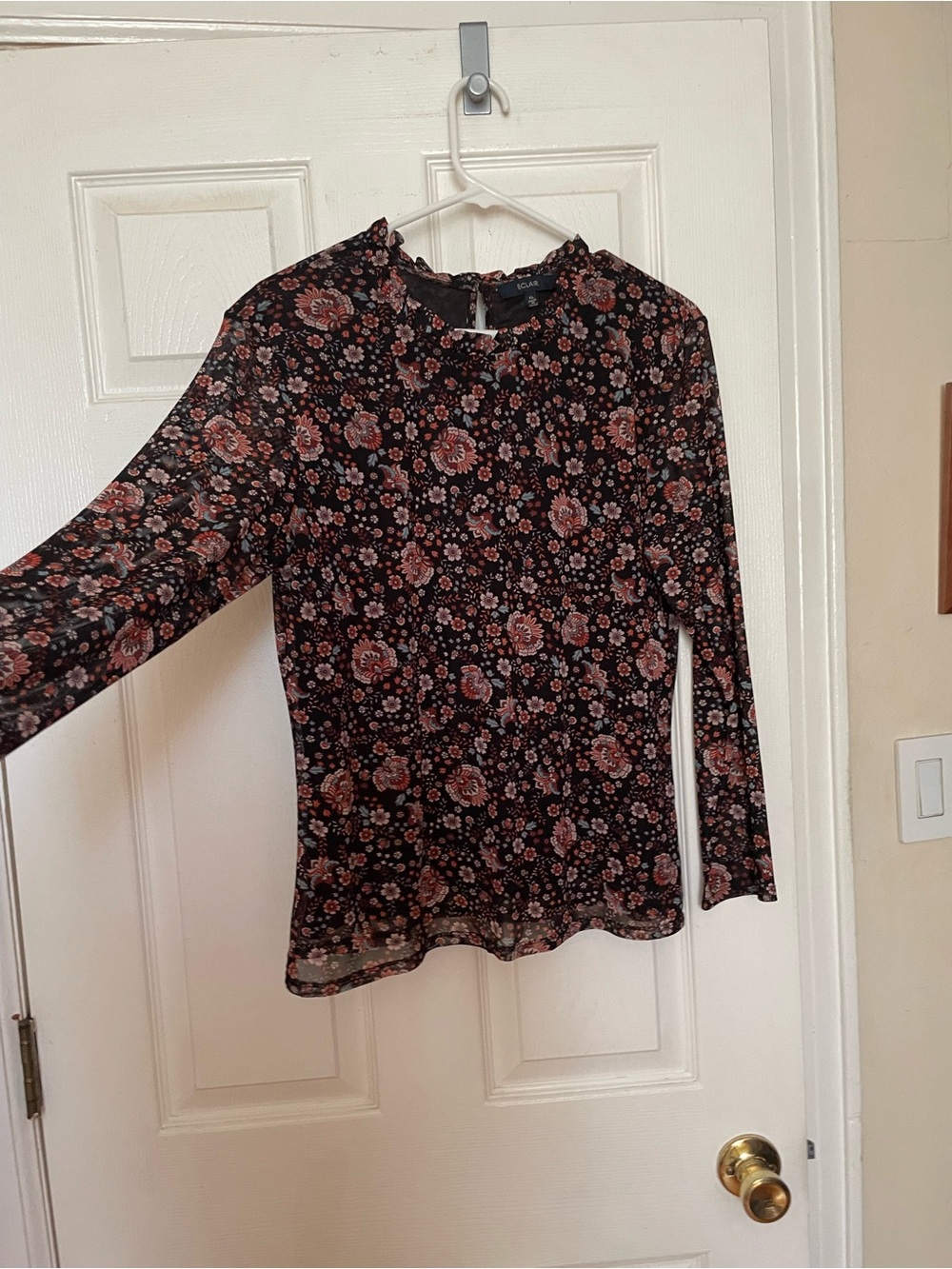 Eclair top Small Dense Dark Floral print shell top lining long sleeves XL 12 14